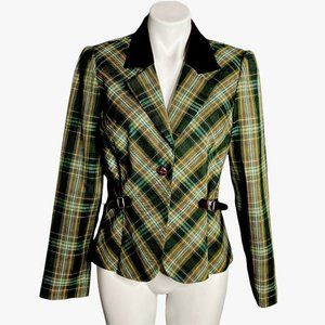 Jared Ross Tartan Coat‎ Green Brown Riding Jacket Velvet Collar Cinches Waist 10